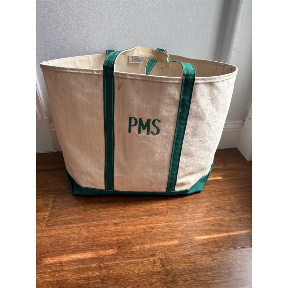 Vtg 80s LL Bean Boat Tote Canvas Bag  Green White Crinkle Tag Made USA 27x16 XL‎